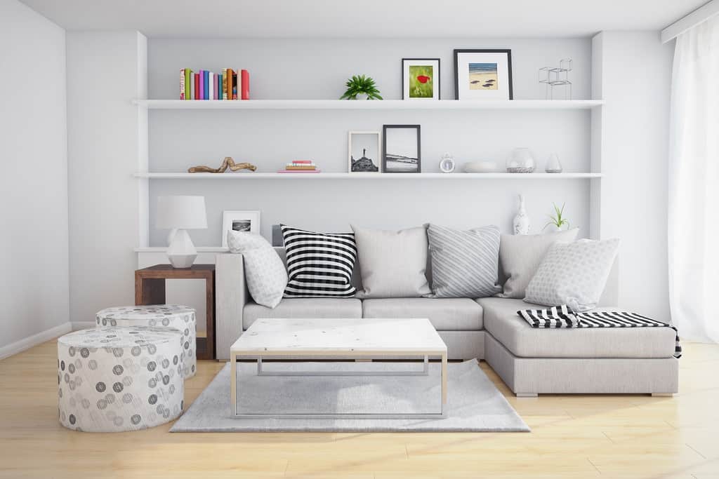 interior room with shelves and sofa with pillows