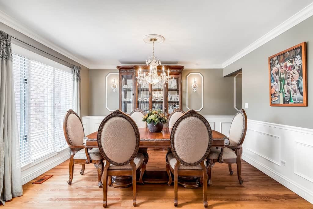 large dining room with chandelier