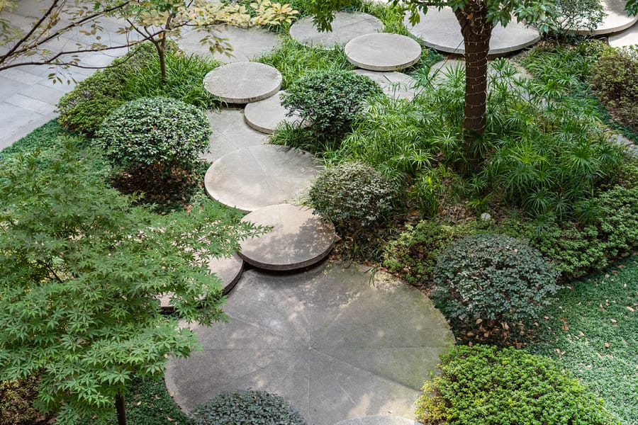 Round,Concrete,Steps,In,The,Small,Garden.,Top,View,Of