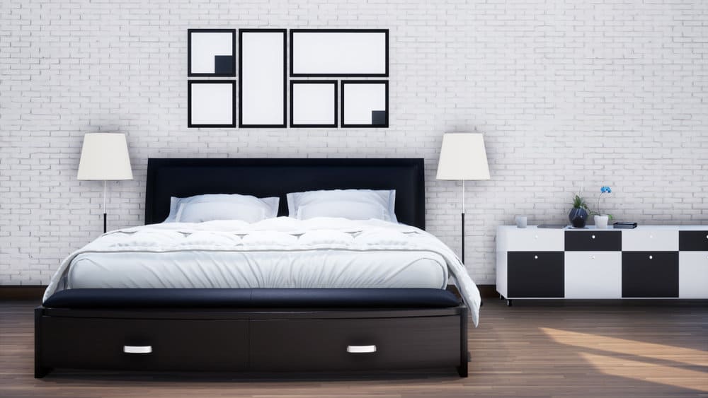 3d,Rendering,Interior,Bedroom,,Black,Bed,And,White,Bedsheet,And