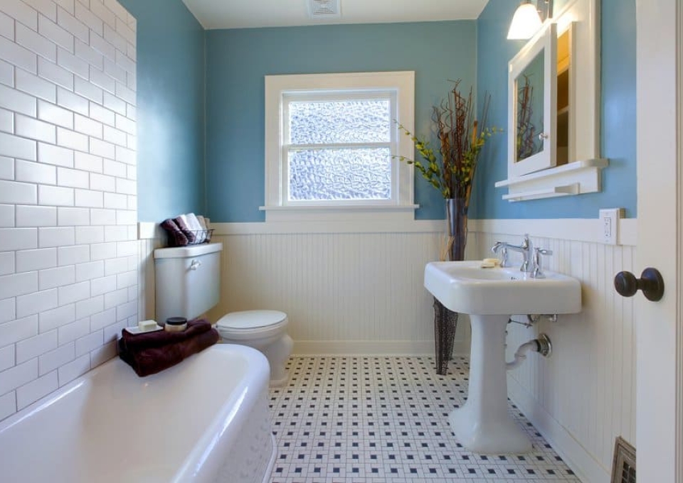 blue color paint with black and white tile bathroom