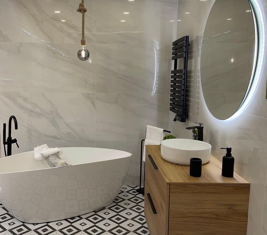 grey color paint with black and white tile bathroom