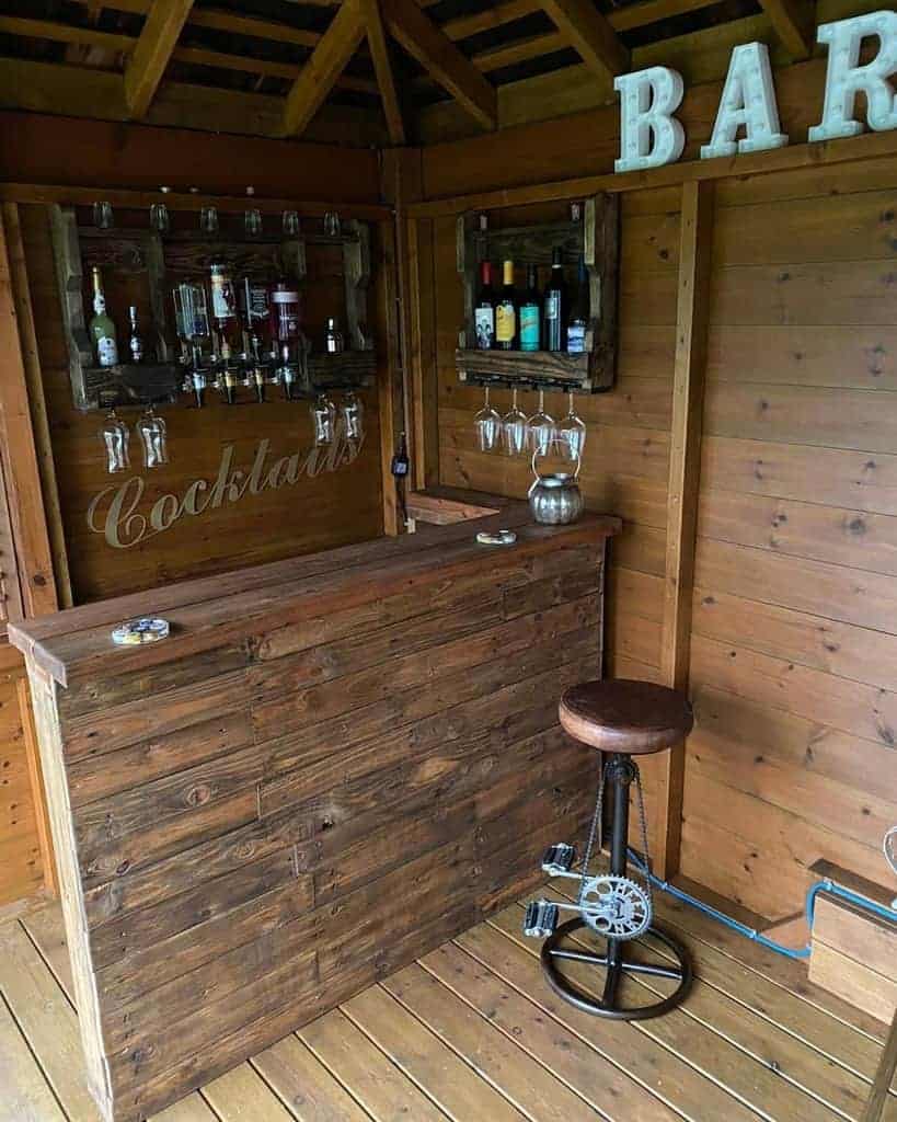 A wooden bar in a wooden shed.