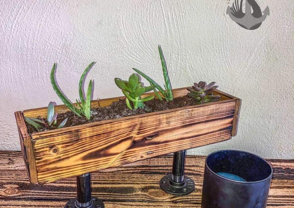 A wooden planter with a cactus and a candle.