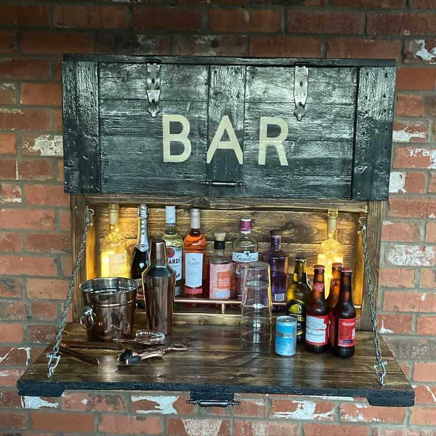 A bar made out of a wooden crate.