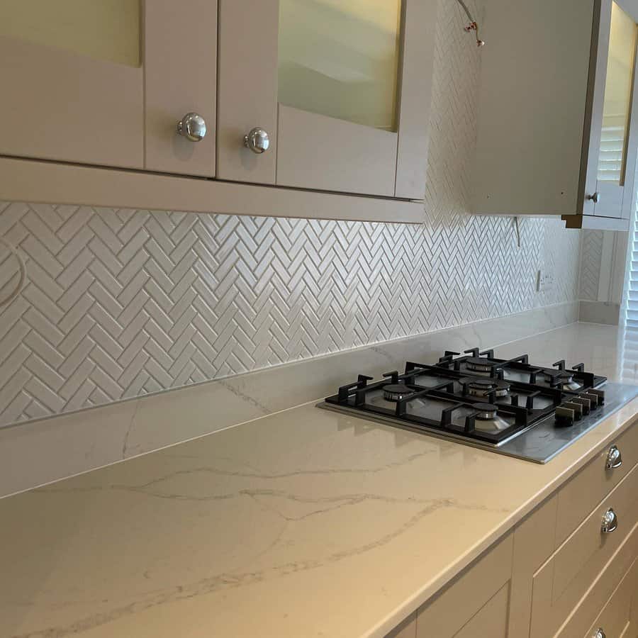 Herringbone Or Chevron Pattern White Kitchen Backsplash Ideas Kb Ceramics