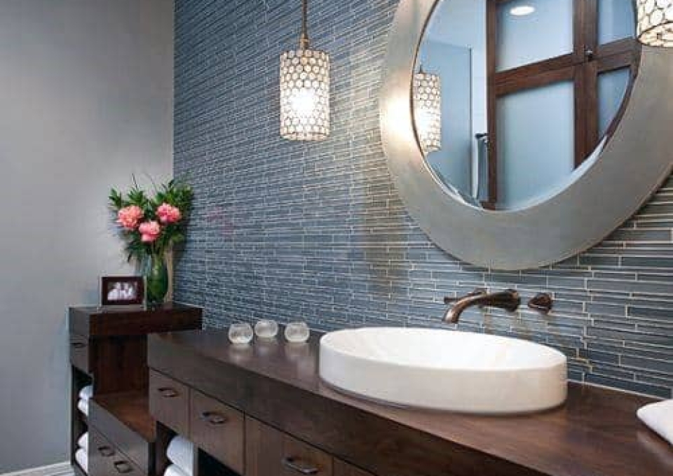 Blue Wide Tiles Bathroom Backsplash Ideas