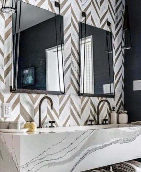 Contemporary Tile Pattern Bathroom Backsplash With Marble Sink