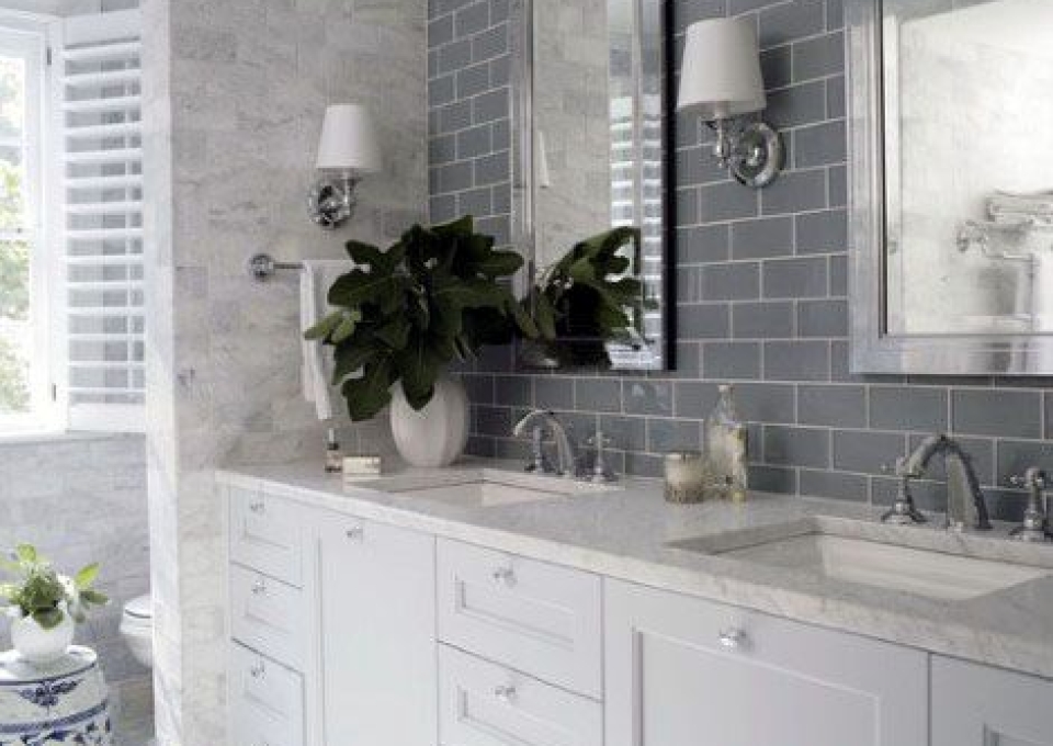 Grey Subway Tile With White Vanity Bathroom Backsplash Ideas