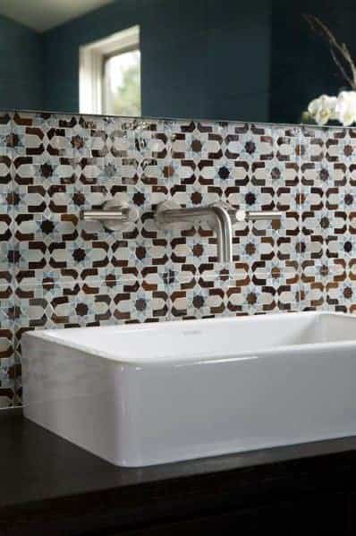 Star Pattern Tile Bathroom Backsplash Ideas With Wall Mounted Faucet And White Sink